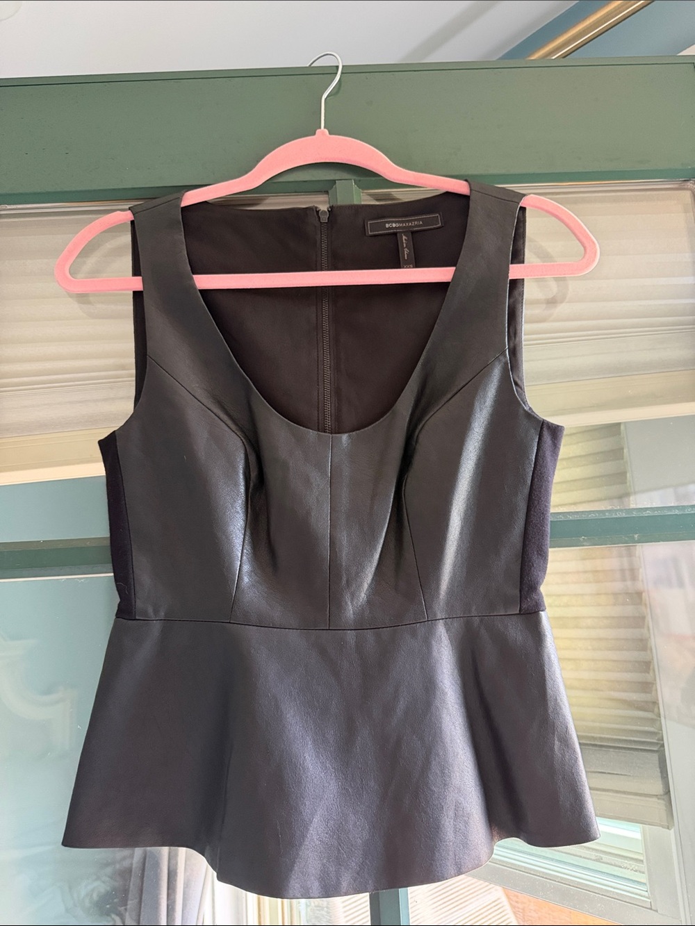 BCBGMaxAzria Black Sleeveless Leather Peplum Top